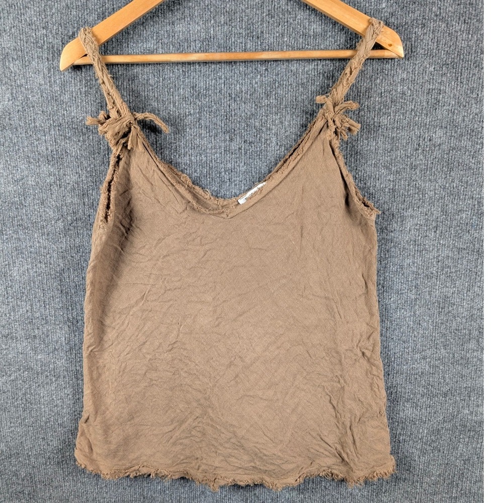 Made in Italy Women Brown 100% Linen Raw Hem Tie Cami Tank Top Lagenlook Coastal